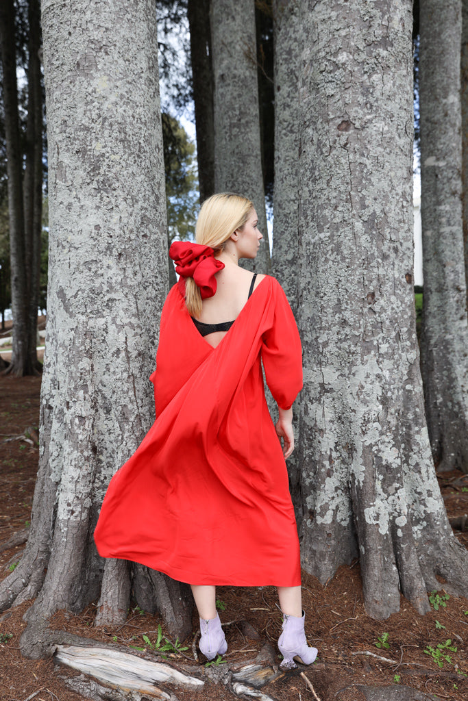 Red silk bias cut dress with 3/4 Sleeve